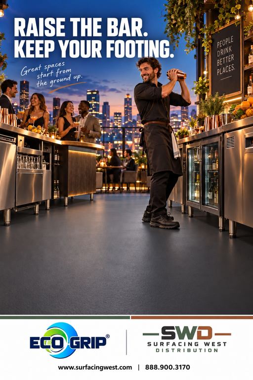 Bartender shaking a cocktail behind a rooftop bar on anti-fatigue Eco-Grip flooring