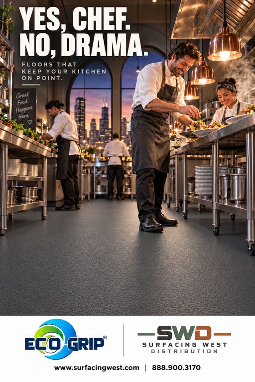 Chef plating in a busy commercial kitchen on slip-resistant Eco-Grip flooring