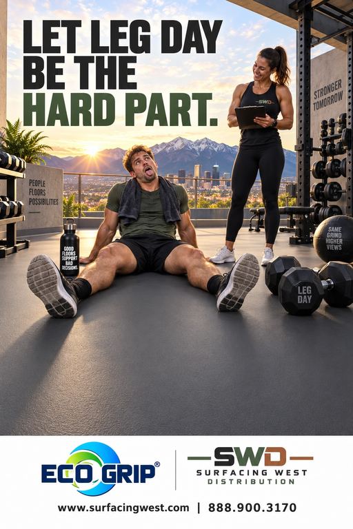 Exhausted athlete on a gym floor with impact-absorbing Eco-Grip flooring