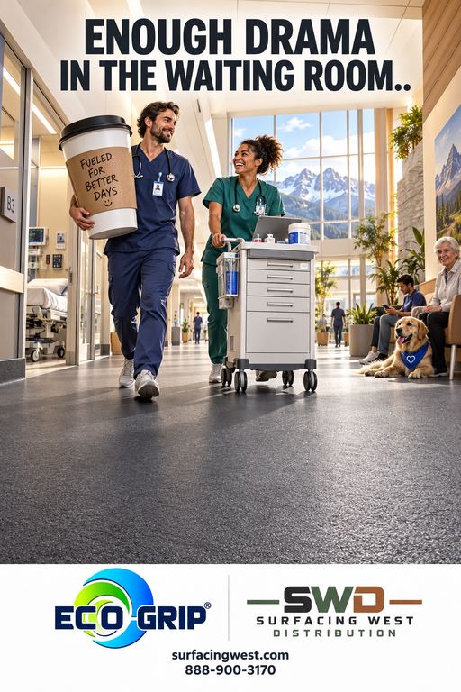 Nurses walking a hospital corridor on cushioned Eco-Grip safety flooring