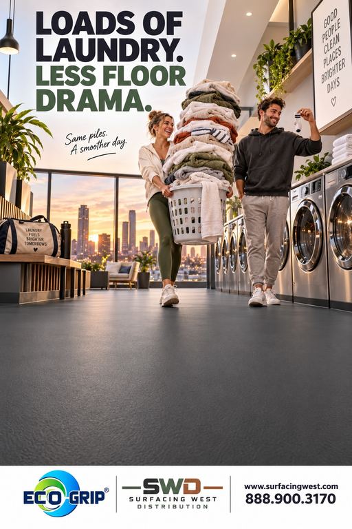 Customer carrying a full laundry basket across slip-resistant Eco-Grip laundromat flooring