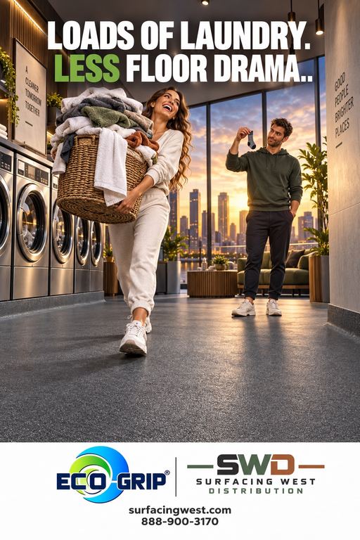 Couple in a bright laundromat with water-resistant Eco-Grip flooring