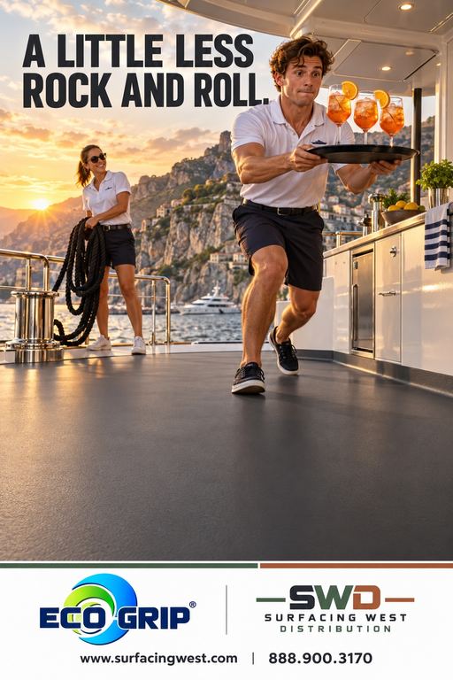 Server carrying drinks across a wet yacht deck on slip-resistant Eco-Grip flooring