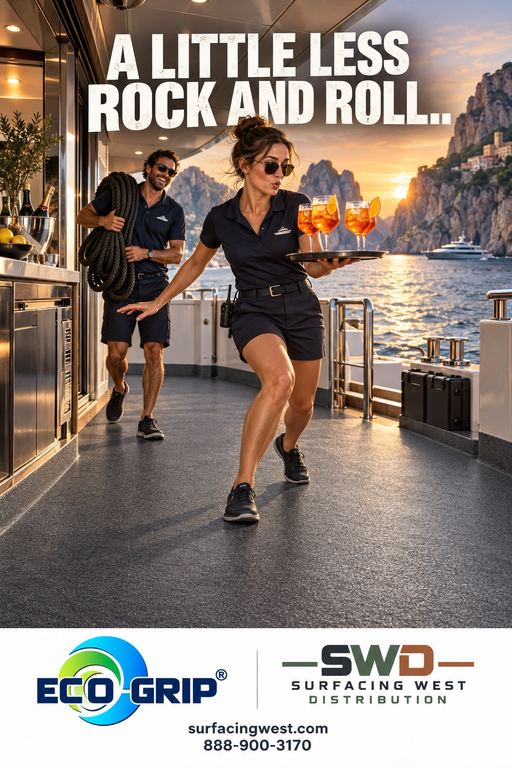 Crew member serving drinks on a yacht deck with textured Eco-Grip footing