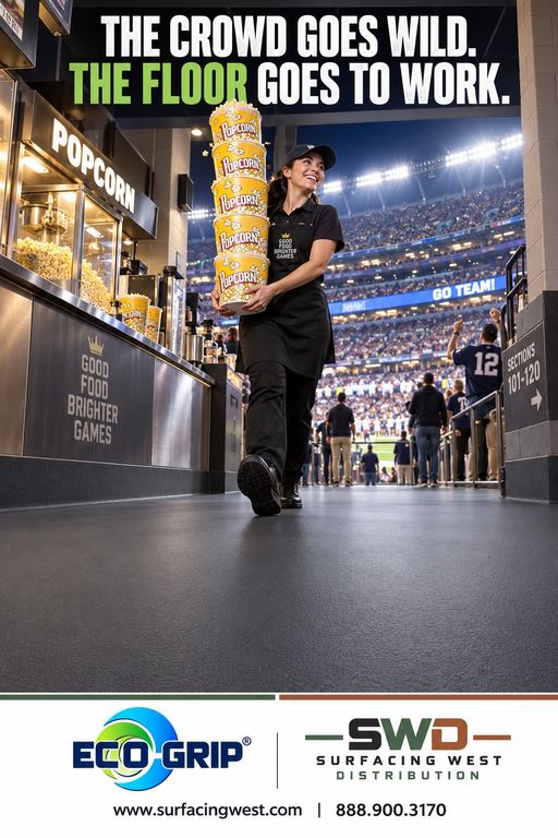 Concession worker carrying popcorn at a packed stadium on durable Eco-Grip flooring