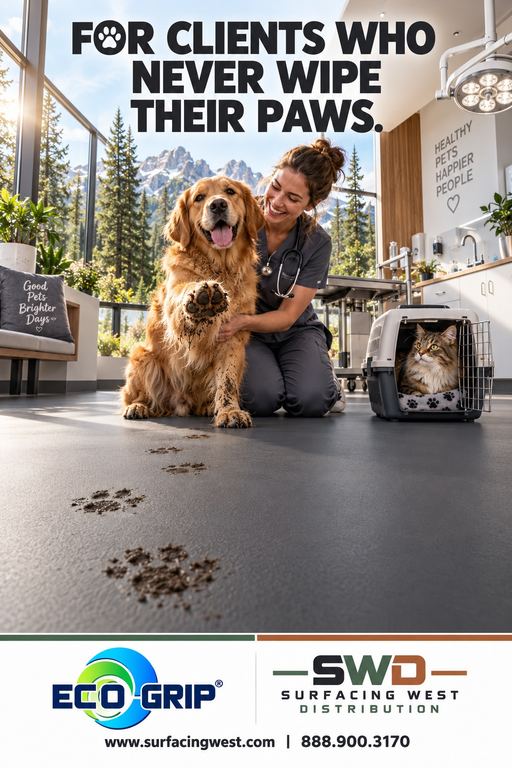 Veterinarian with a golden retriever on easy-clean Eco-Grip veterinary flooring