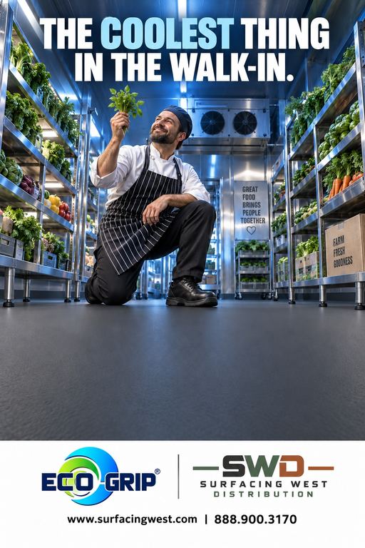 Chef kneeling in a walk-in cooler with seamless Eco-Grip safety flooring