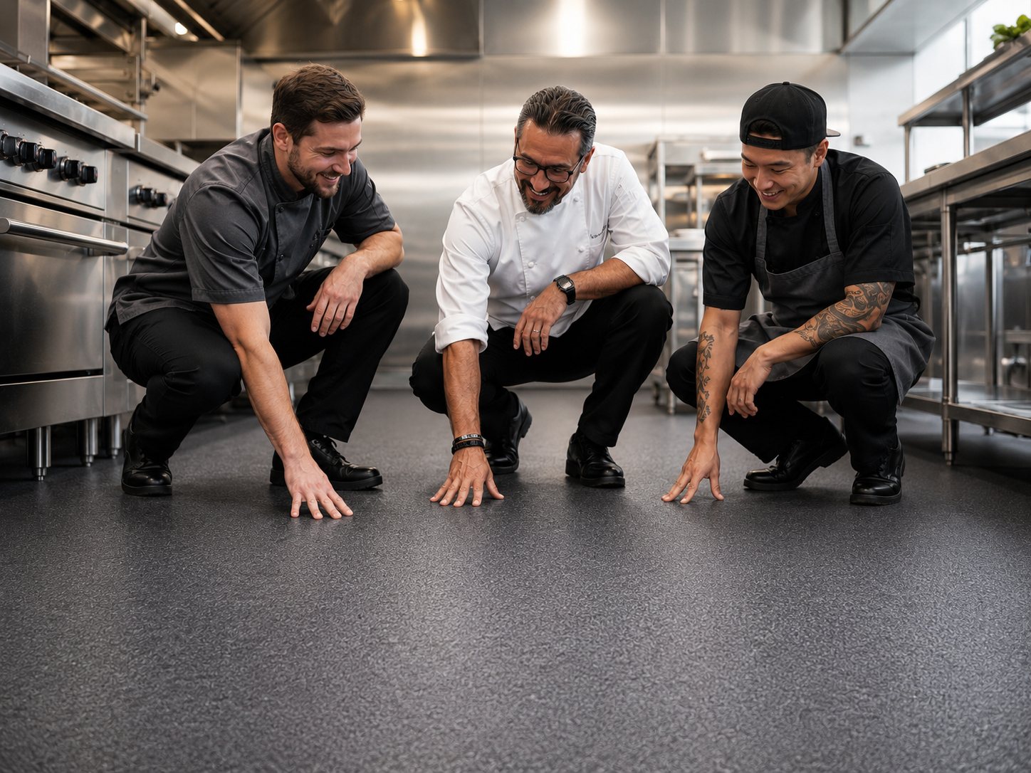 Kitchen crew feeling the slip-resistant Eco-Grip floor in a commercial kitchen
