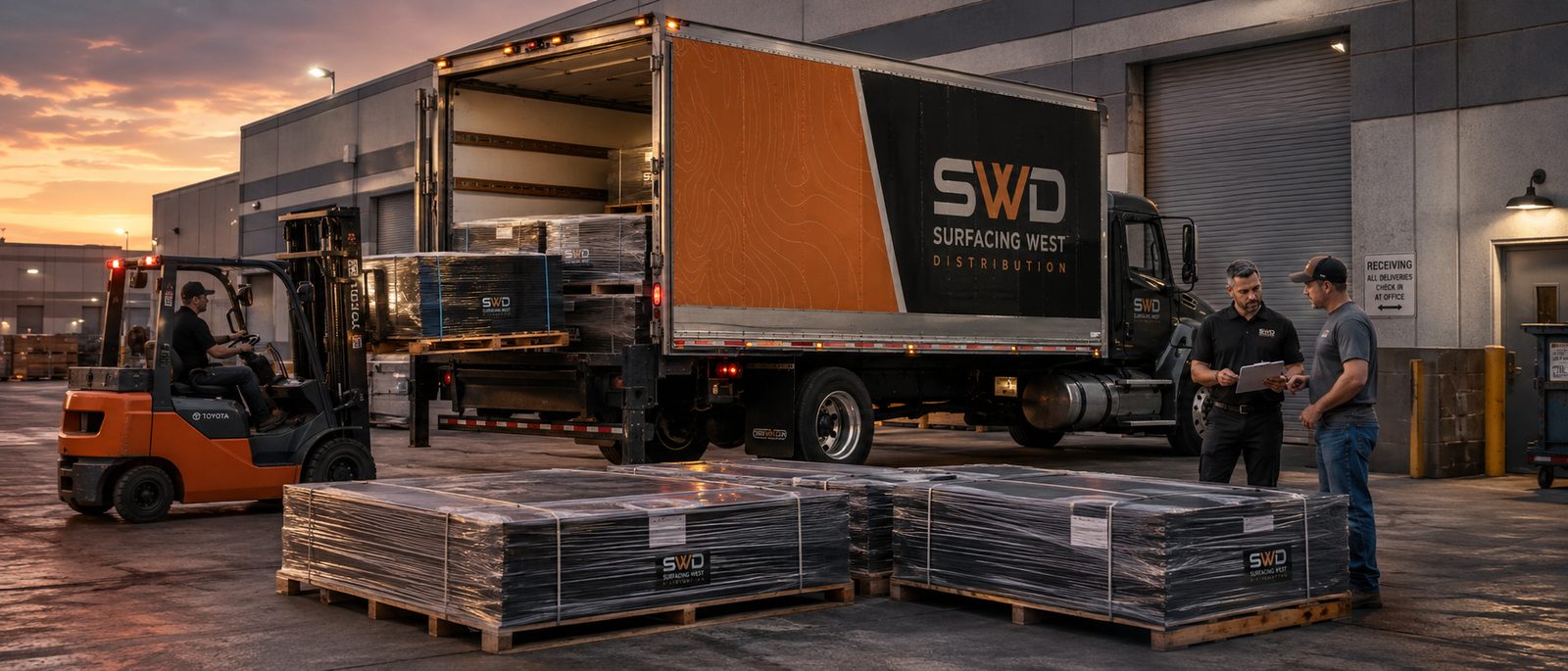 SWD truck unloading palletized Eco-Grip material at a receiving dock
